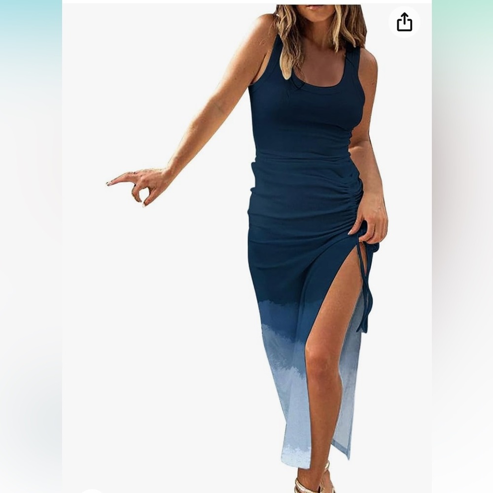 Lenago Women's Summer Dress 2023 Ribbed Drawstring Ruched Sexy High Slit Dresses